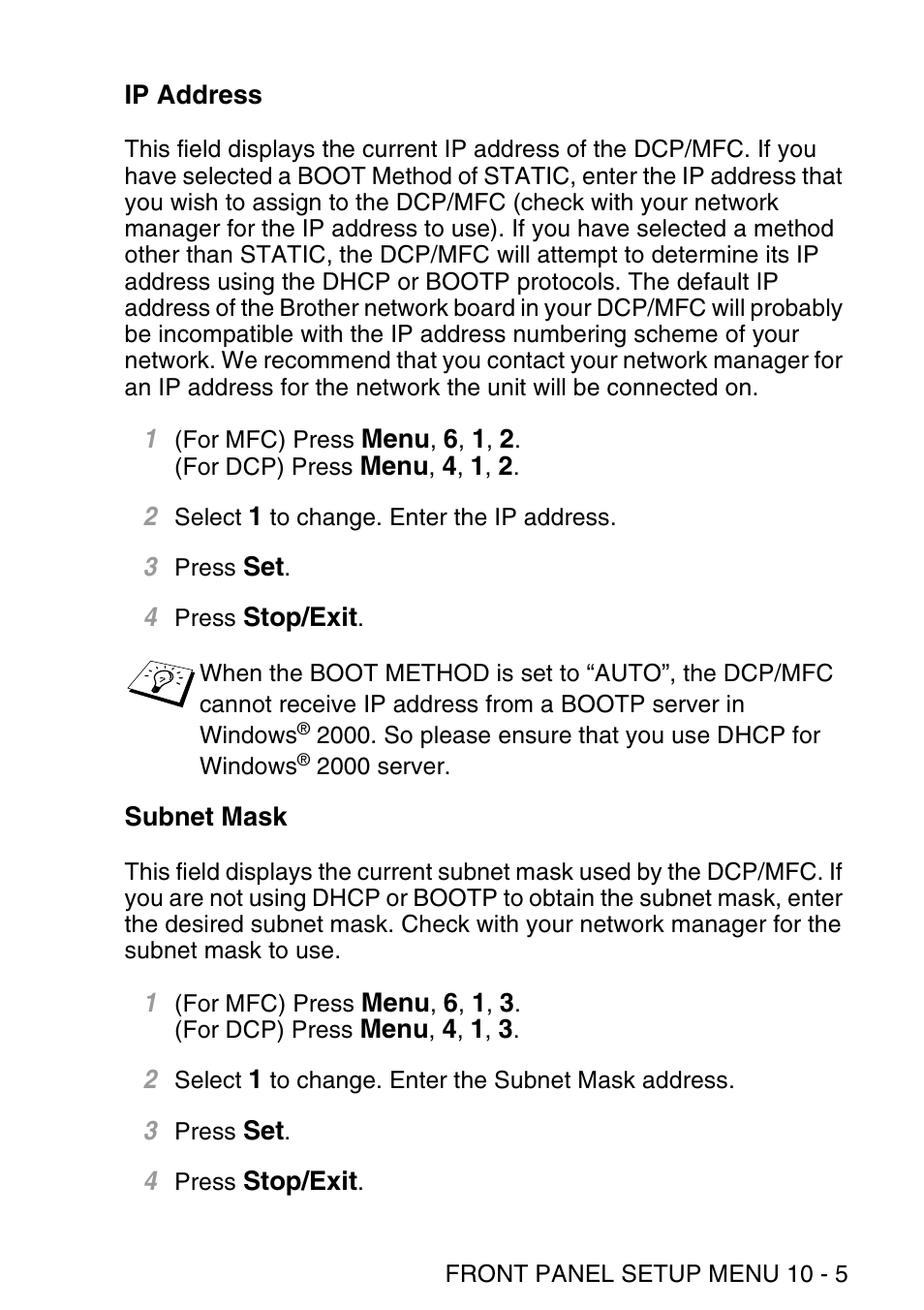 Ip address, Subnet mask, Ip address -5 subnet mask -5 | Brother NC9100H User Manual | Page 94 / 176