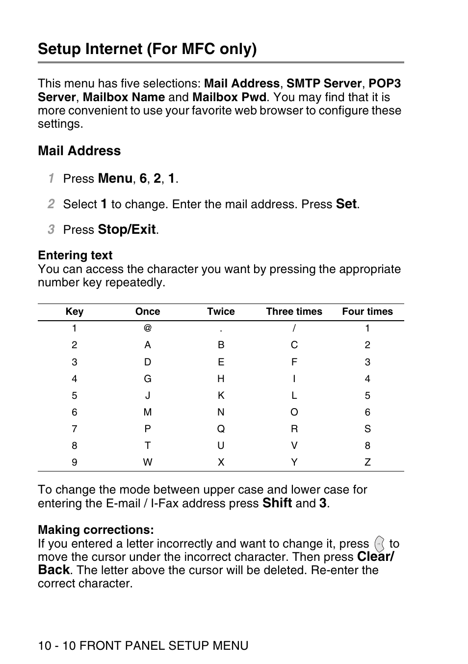 Setup internet (for mfc only), Mail address, Setup internet (for mfc only) -10 | Mail address -10, Mail address 1, Menu, Stop/exit, Shift, Clear/ back | Brother NC9100H User Manual | Page 99 / 176