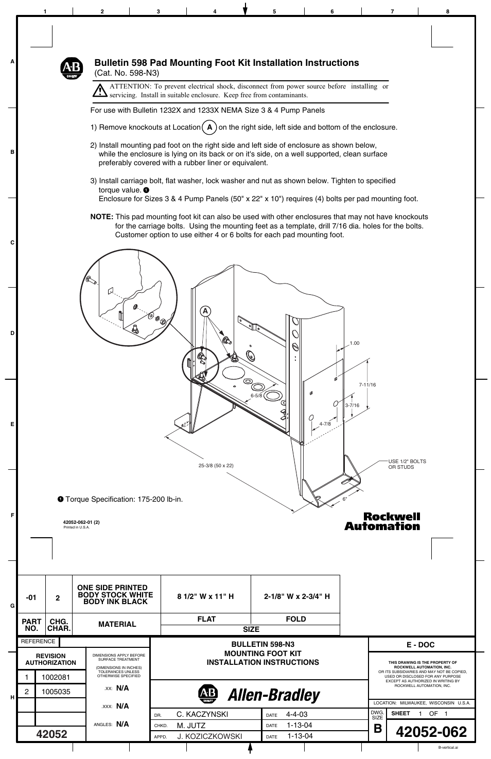 Rockwell Automation 598-N3 Pad Mounting Foot Kit User Manual | 1 page