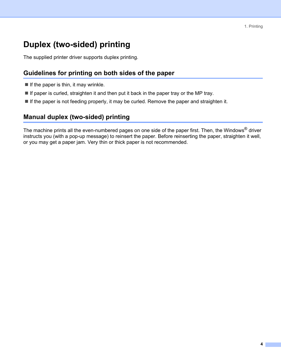 Duplex (two-sided) printing, Guidelines for printing on both sides of the paper, Manual duplex (two-sided) printing | Brother MFC-8460N User Manual | Page 10 / 194