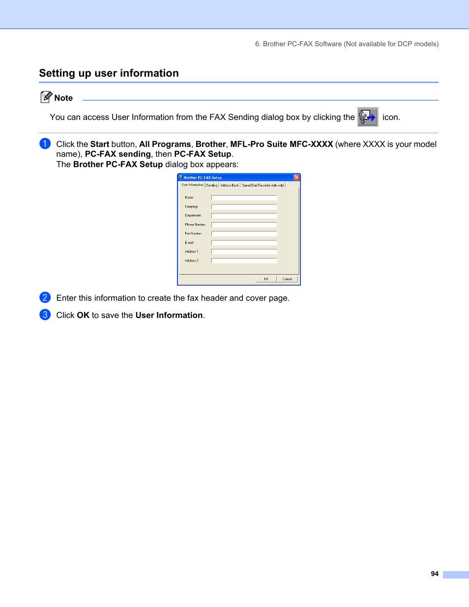 Setting up user information | Brother MFC-8460N User Manual | Page 100 / 194