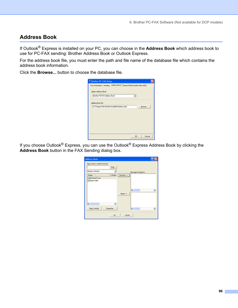 Address book, If outlook, If you choose outlook | Express, you can use the outlook | Brother MFC-8460N User Manual | Page 102 / 194