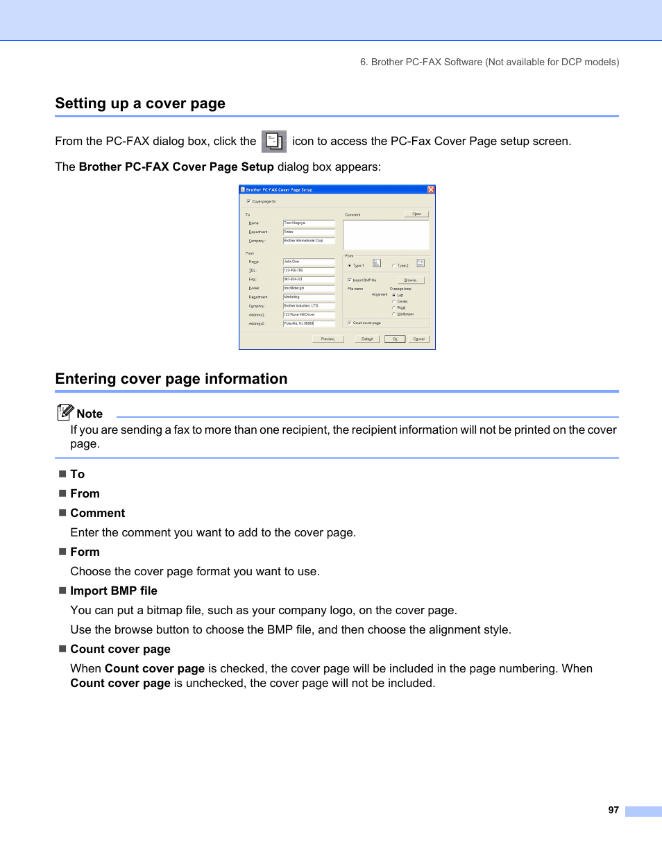 Setting up a cover page, Entering cover page information | Brother MFC-8460N User Manual | Page 103 / 194
