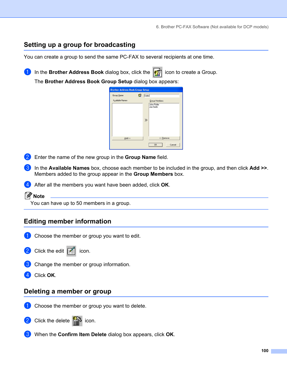 Setting up a group for broadcasting, Editing member information, Deleting a member or group | Brother MFC-8460N User Manual | Page 106 / 194