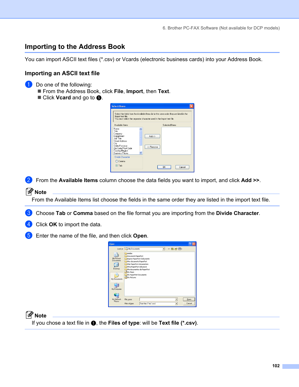 Importing to the address book, Importing an ascii text file | Brother MFC-8460N User Manual | Page 108 / 194
