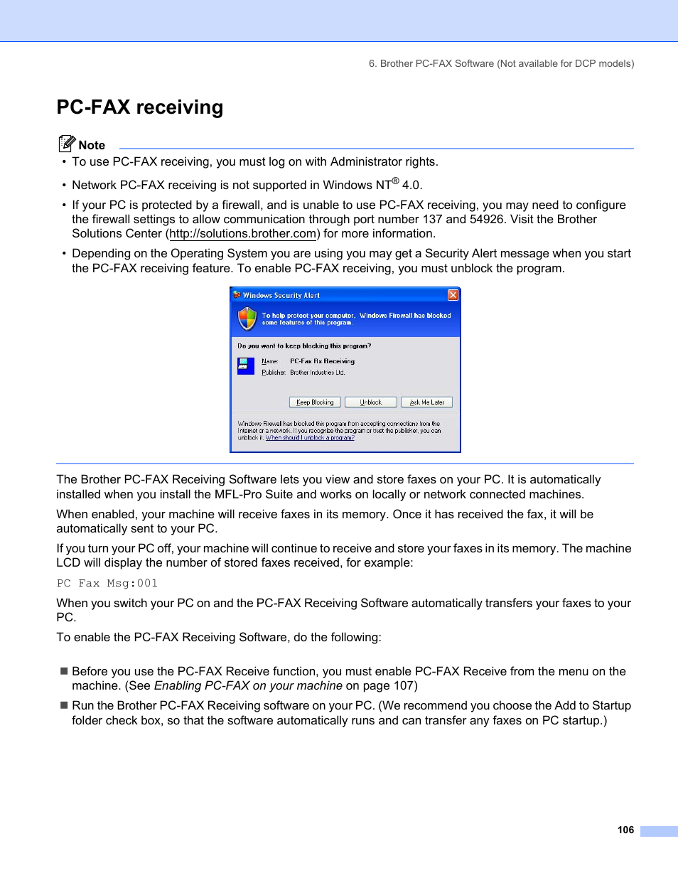 Pc-fax receiving | Brother MFC-8460N User Manual | Page 112 / 194