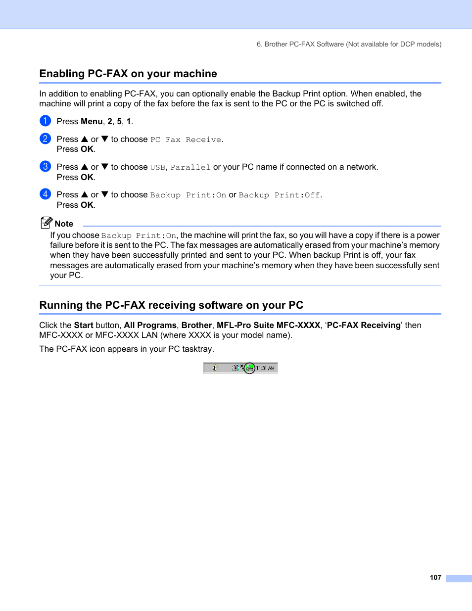 Enabling pc-fax on your machine, Running the pc-fax receiving software on your pc | Brother MFC-8460N User Manual | Page 113 / 194