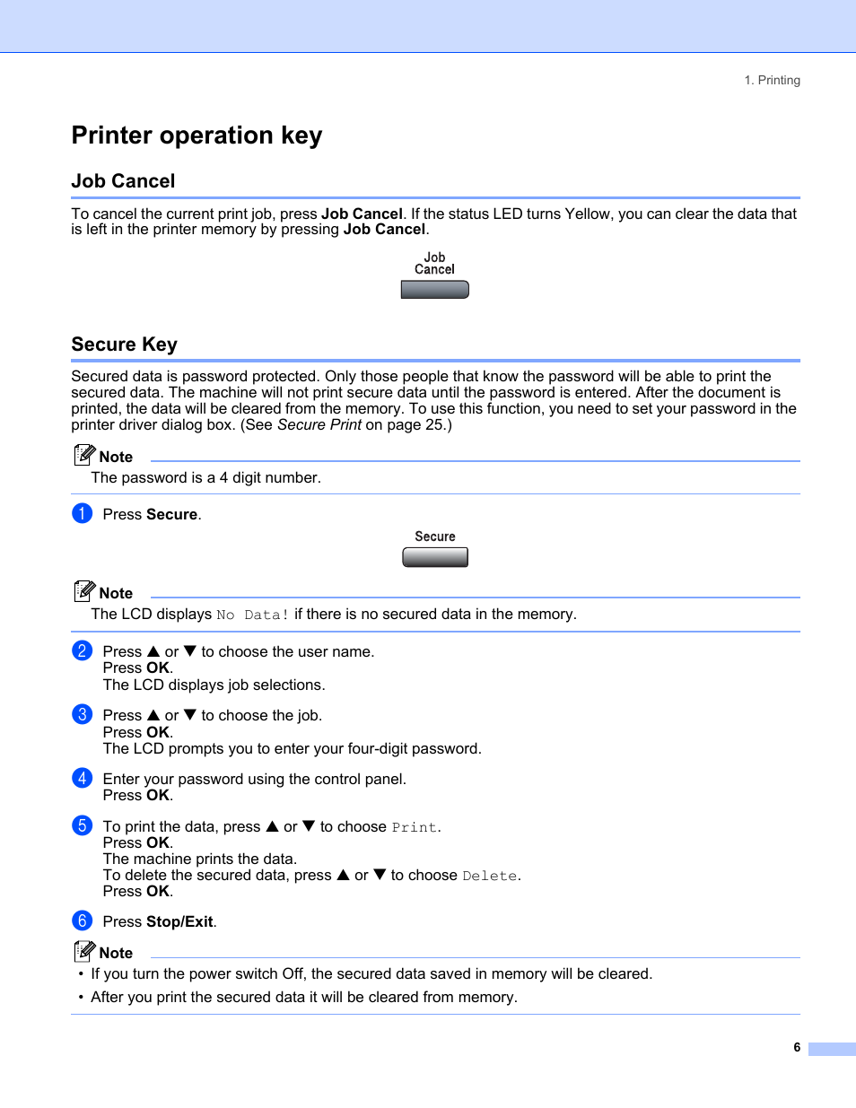 Printer operation key, Job cancel, Secure key | Job cancel secure key | Brother MFC-8460N User Manual | Page 12 / 194