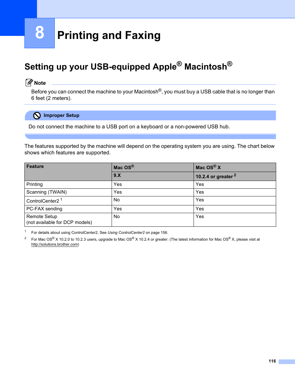 8 printing and faxing, Setting up your usb-equipped apple® macintosh, Printing and faxing | Setting up your usb-equipped apple, Macintosh | Brother MFC-8460N User Manual | Page 122 / 194