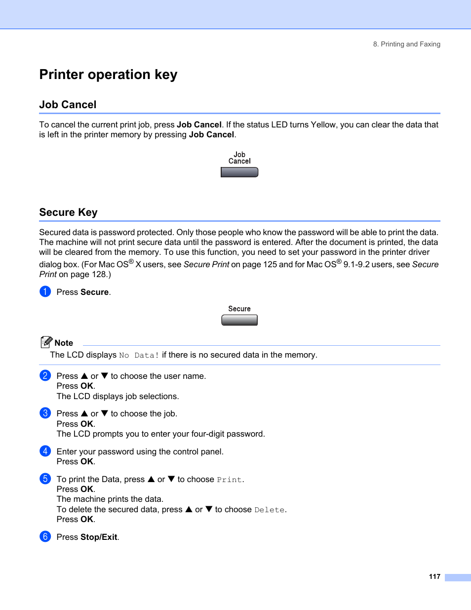 Printer operation key, Job cancel, Secure key | Job cancel secure key | Brother MFC-8460N User Manual | Page 123 / 194