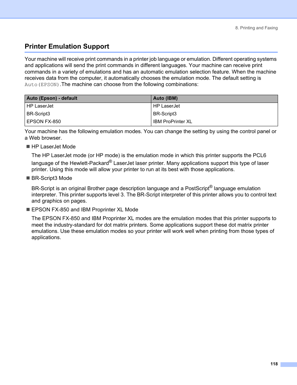 Printer emulation support | Brother MFC-8460N User Manual | Page 124 / 194