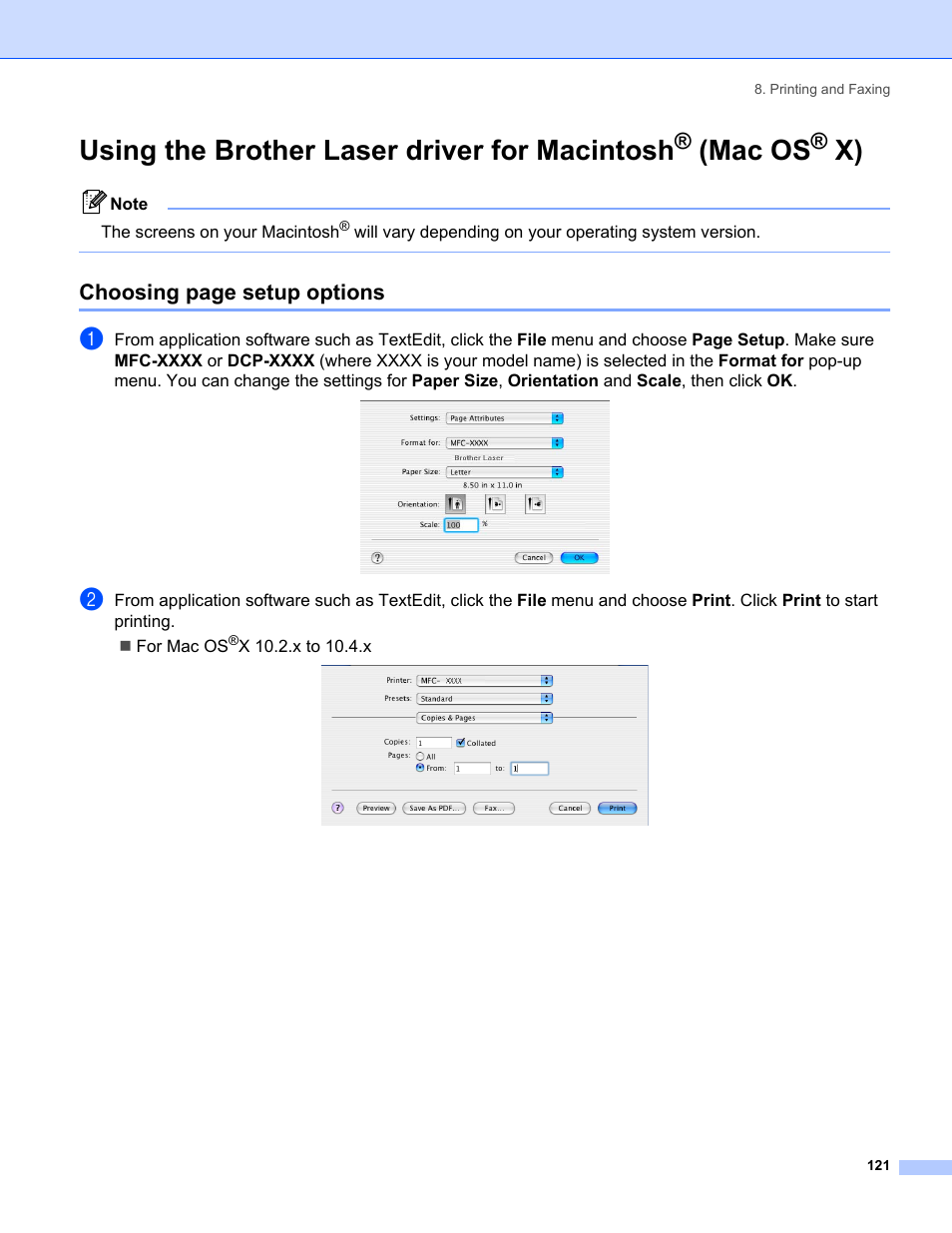 Using the brother laser driver for macintosh, Mac os, Choosing page setup options | Brother MFC-8460N User Manual | Page 127 / 194