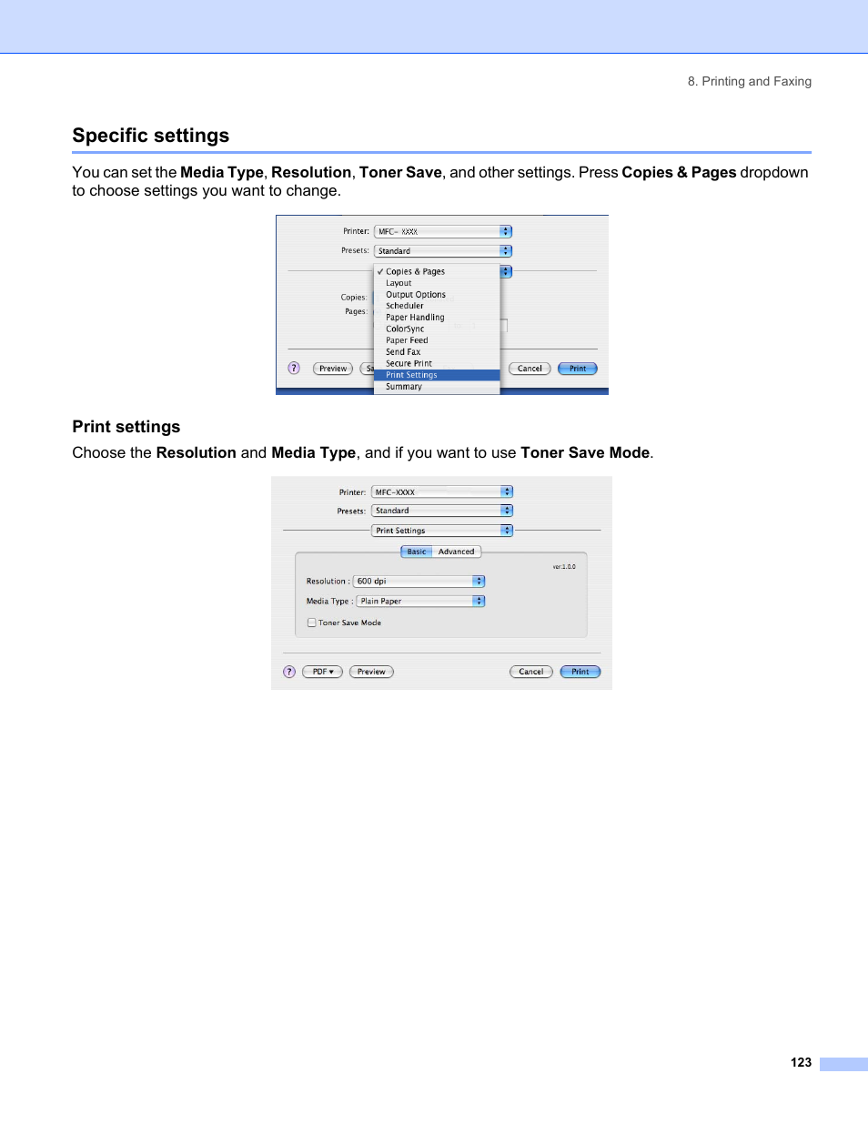 Specific settings, Print settings | Brother MFC-8460N User Manual | Page 129 / 194