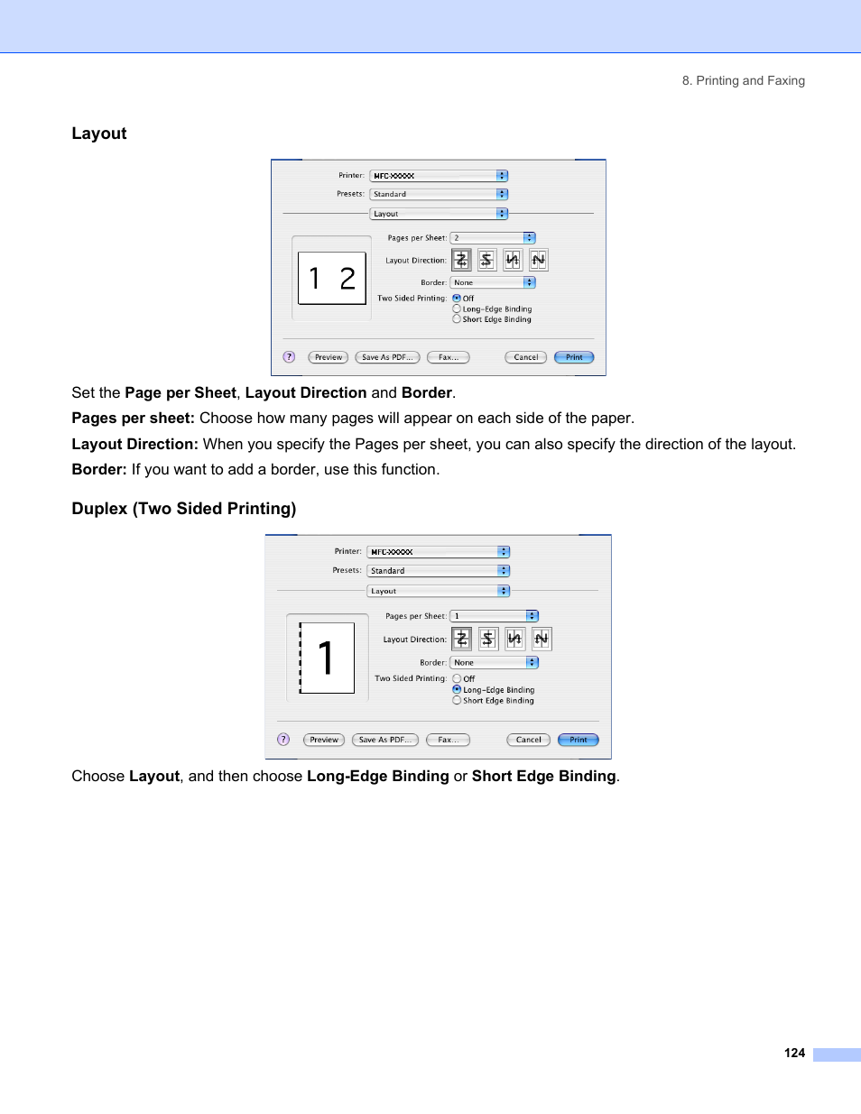 Layout, Duplex (two sided printing) | Brother MFC-8460N User Manual | Page 130 / 194