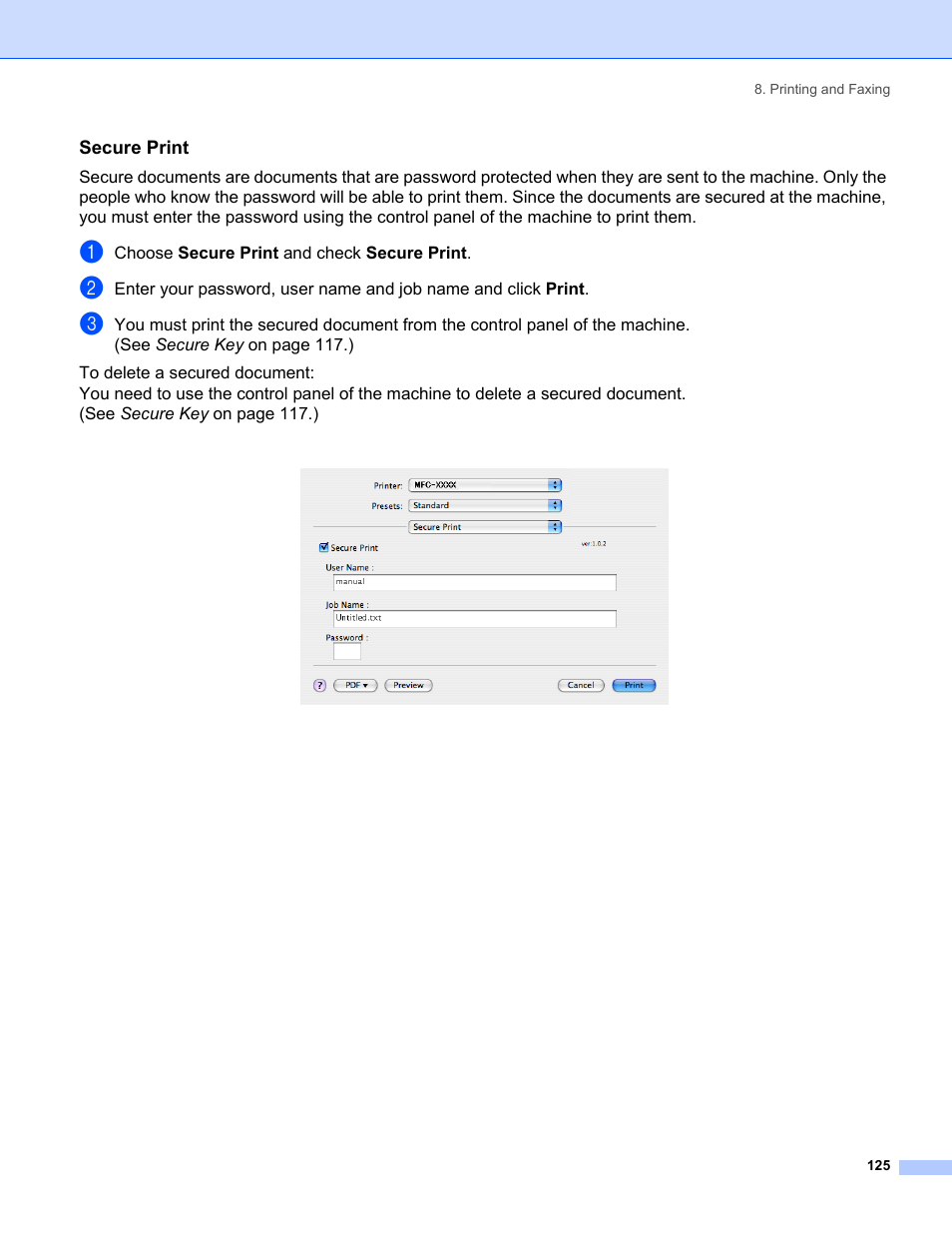 Secure print | Brother MFC-8460N User Manual | Page 131 / 194