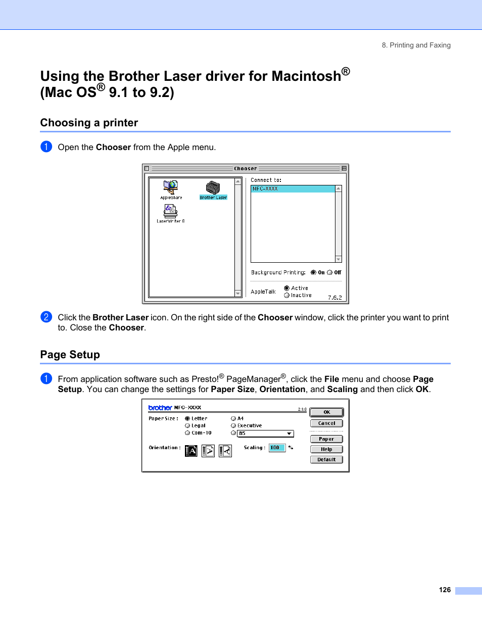 Choosing a printer, Using the brother laser driver for macintosh, Mac os | 1 to 9.2), Page setup | Brother MFC-8460N User Manual | Page 132 / 194