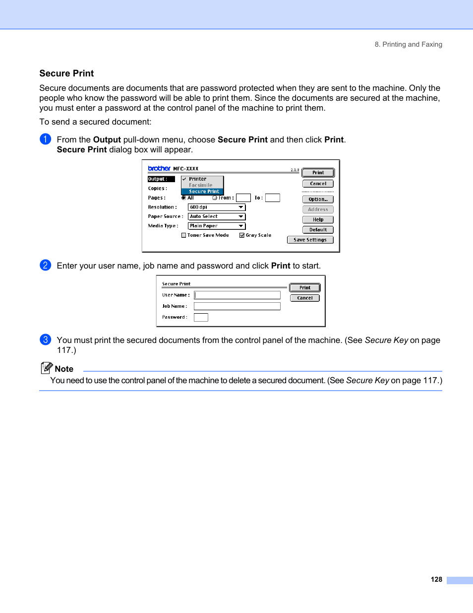 Secure print | Brother MFC-8460N User Manual | Page 134 / 194