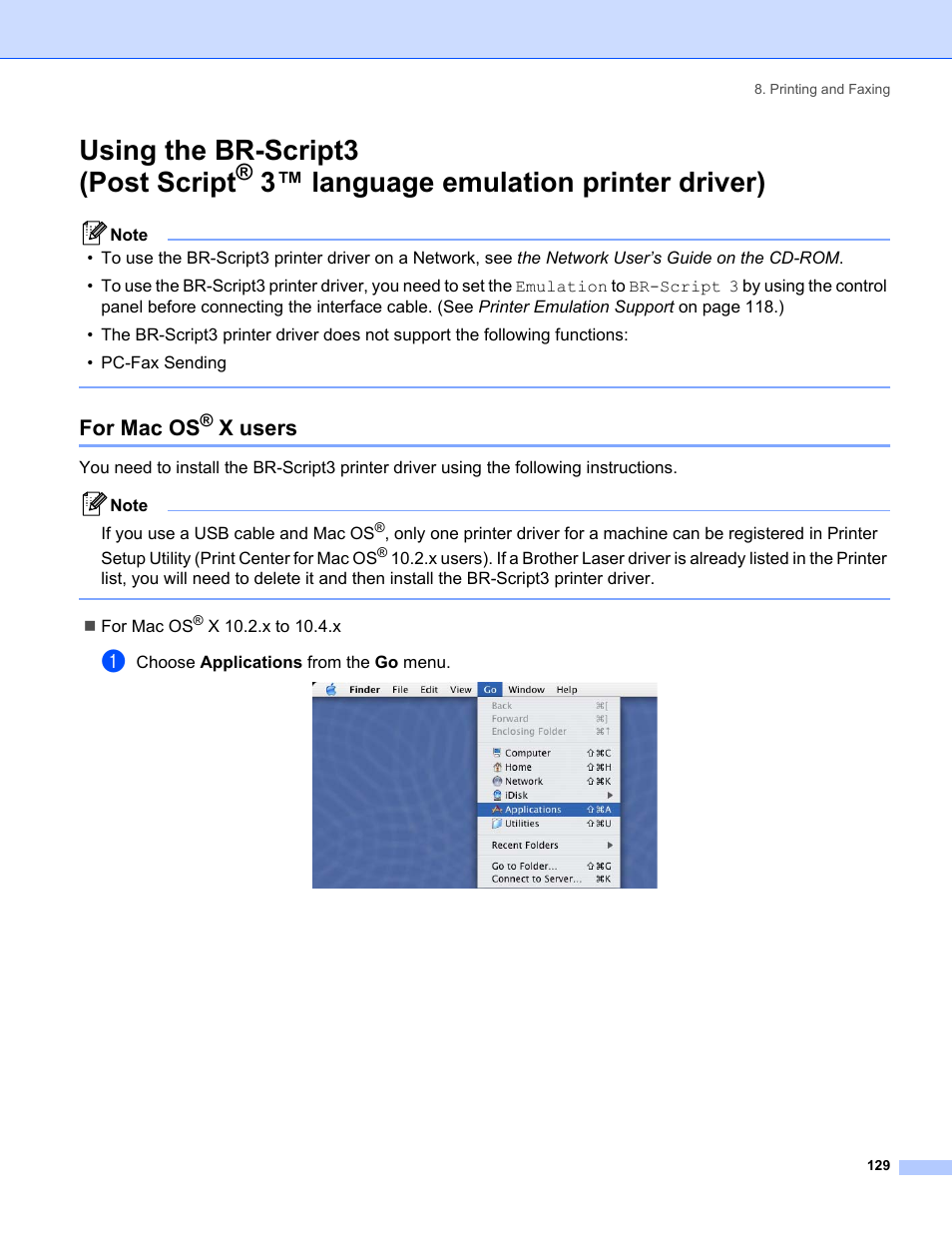 For mac os® x users, Using the br-script3 (post script, 3™ language emulation printer driver) | For mac os, X users | Brother MFC-8460N User Manual | Page 135 / 194