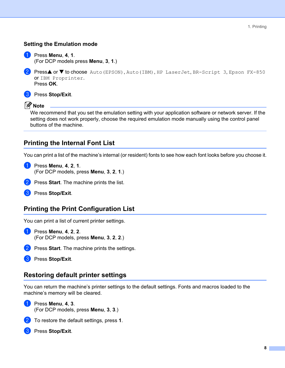 Setting the emulation mode, Printing the internal font list, Printing the print configuration list | Restoring default printer settings | Brother MFC-8460N User Manual | Page 14 / 194