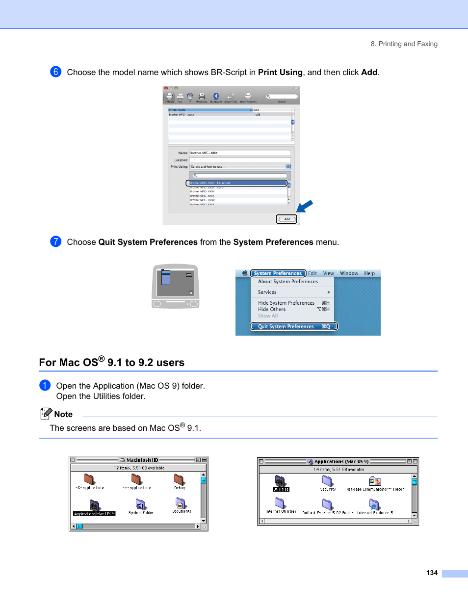 For mac os® 9.1 to 9.2 users, For mac os, 1 to 9.2 users | Brother MFC-8460N User Manual | Page 140 / 194