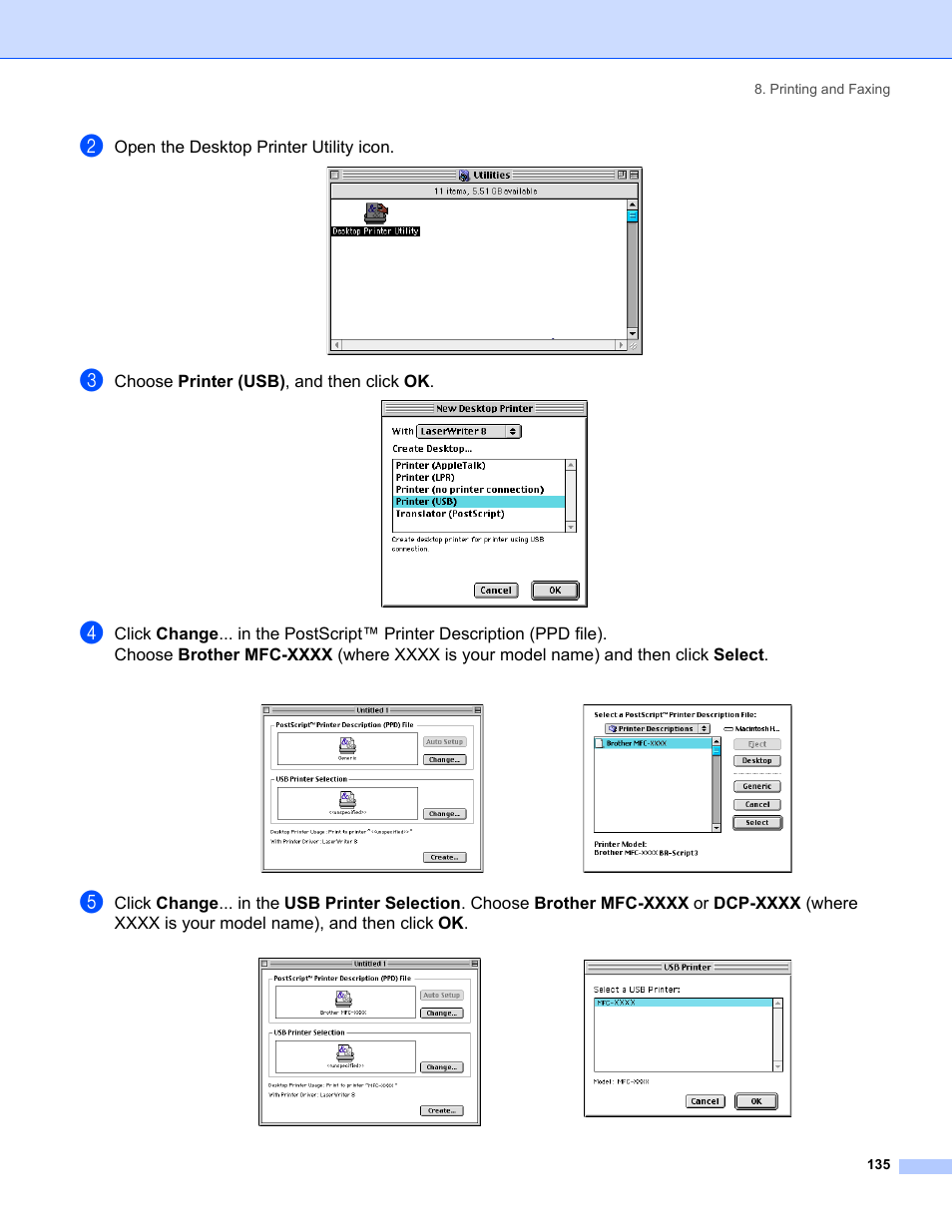 Open the desktop printer utility icon, Choose printer (usb) , and then click ok | Brother MFC-8460N User Manual | Page 141 / 194