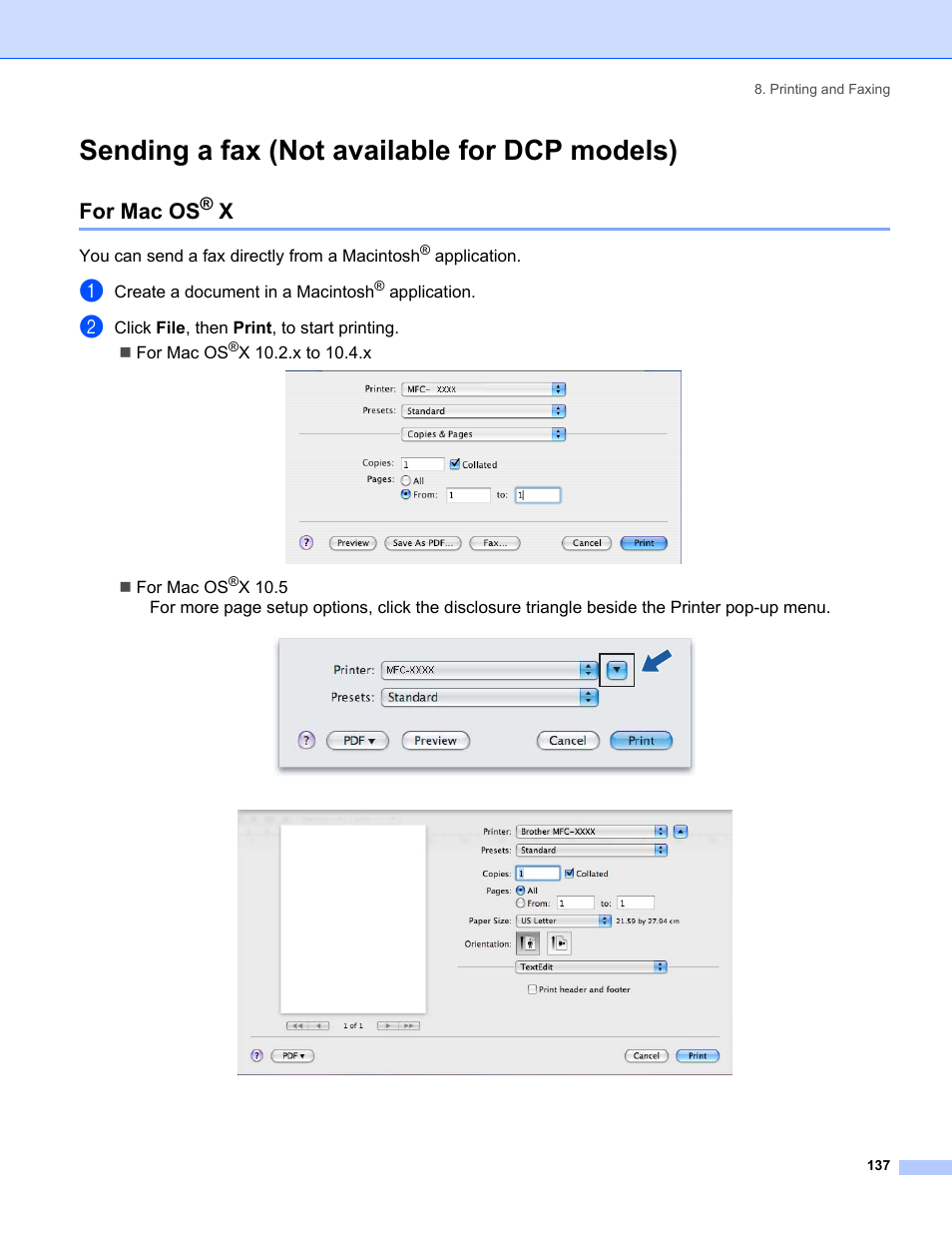 Sending a fax (not available for dcp models), For mac os® x, For mac os | Brother MFC-8460N User Manual | Page 143 / 194