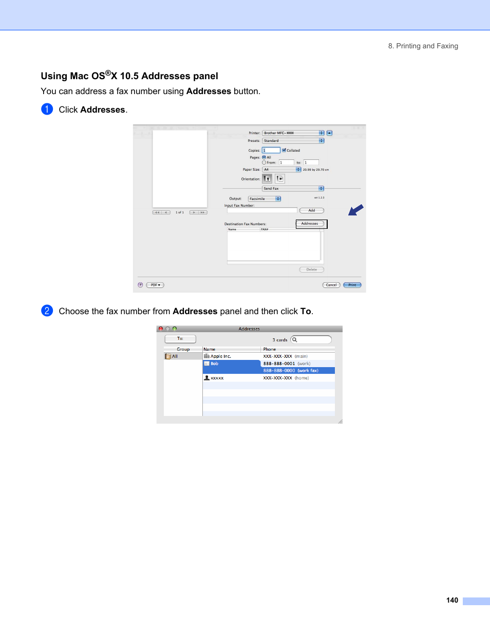 Using mac os®x 10.5 addresses panel, Using mac os, X 10.5 addresses panel | Brother MFC-8460N User Manual | Page 146 / 194