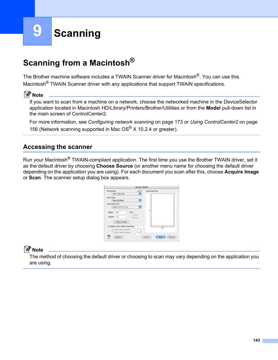 9 scanning, Scanning from a macintosh, Accessing the scanner | Scanning | Brother MFC-8460N User Manual | Page 149 / 194