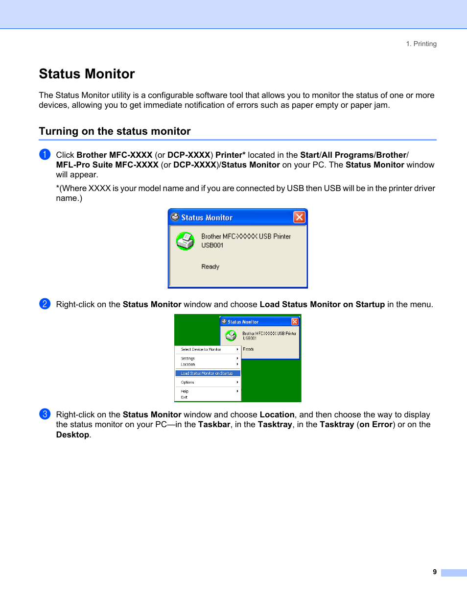 Status monitor, Turning on the status monitor | Brother MFC-8460N User Manual | Page 15 / 194