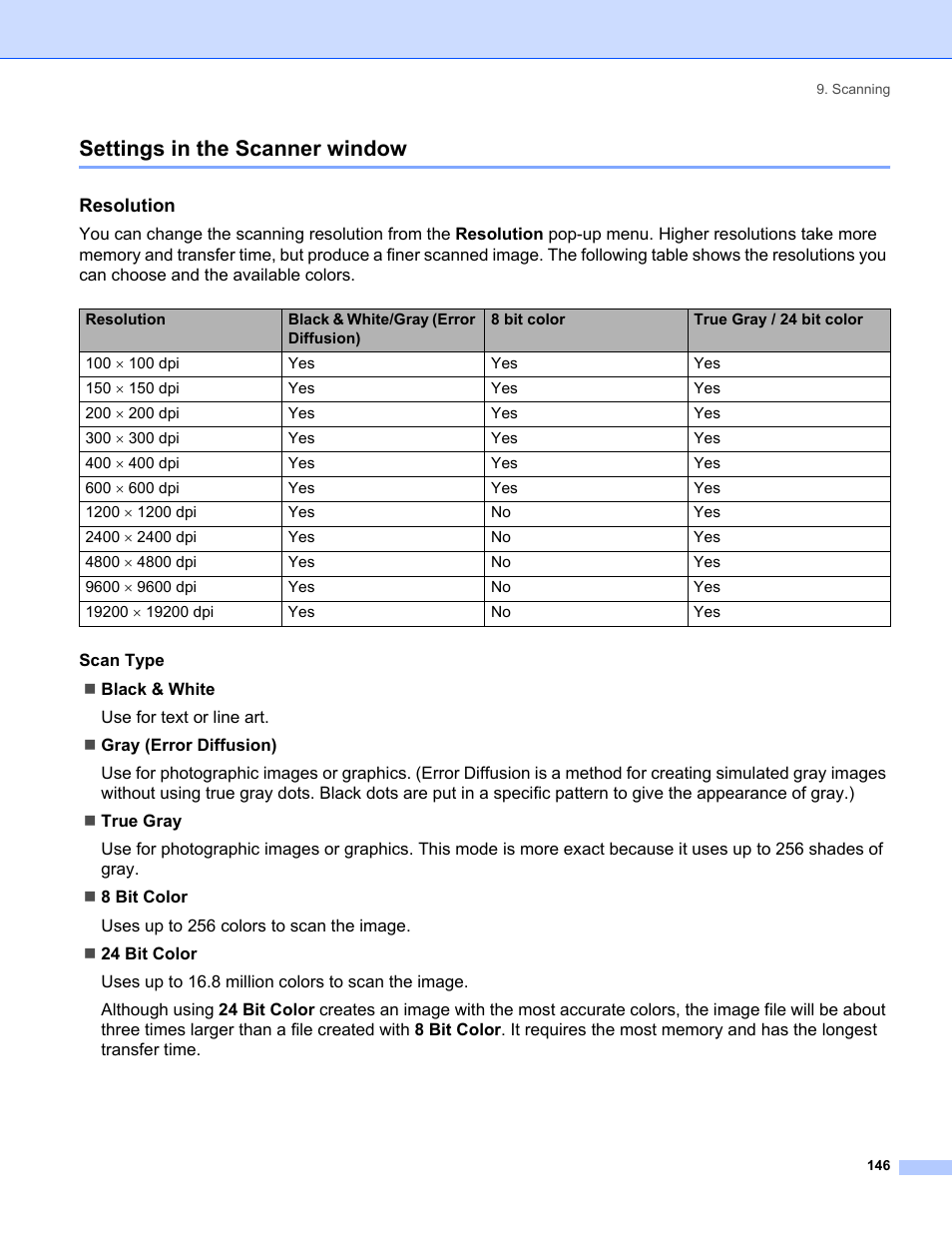 Settings in the scanner window, Resolution, Scan type | Brother MFC-8460N User Manual | Page 152 / 194