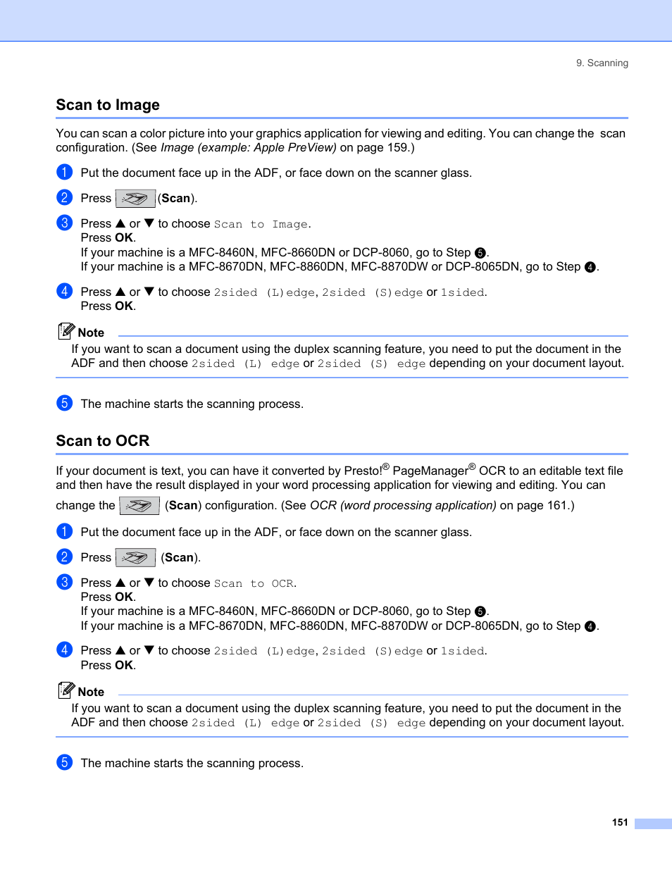 Scan to image, Scan to ocr, Scan to image scan to ocr | Brother MFC-8460N User Manual | Page 157 / 194