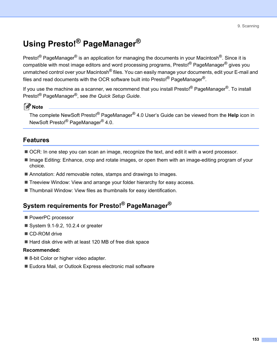 Features, Using presto, Features system requirements for presto | Pagemanager, System requirements for presto | Brother MFC-8460N User Manual | Page 159 / 194