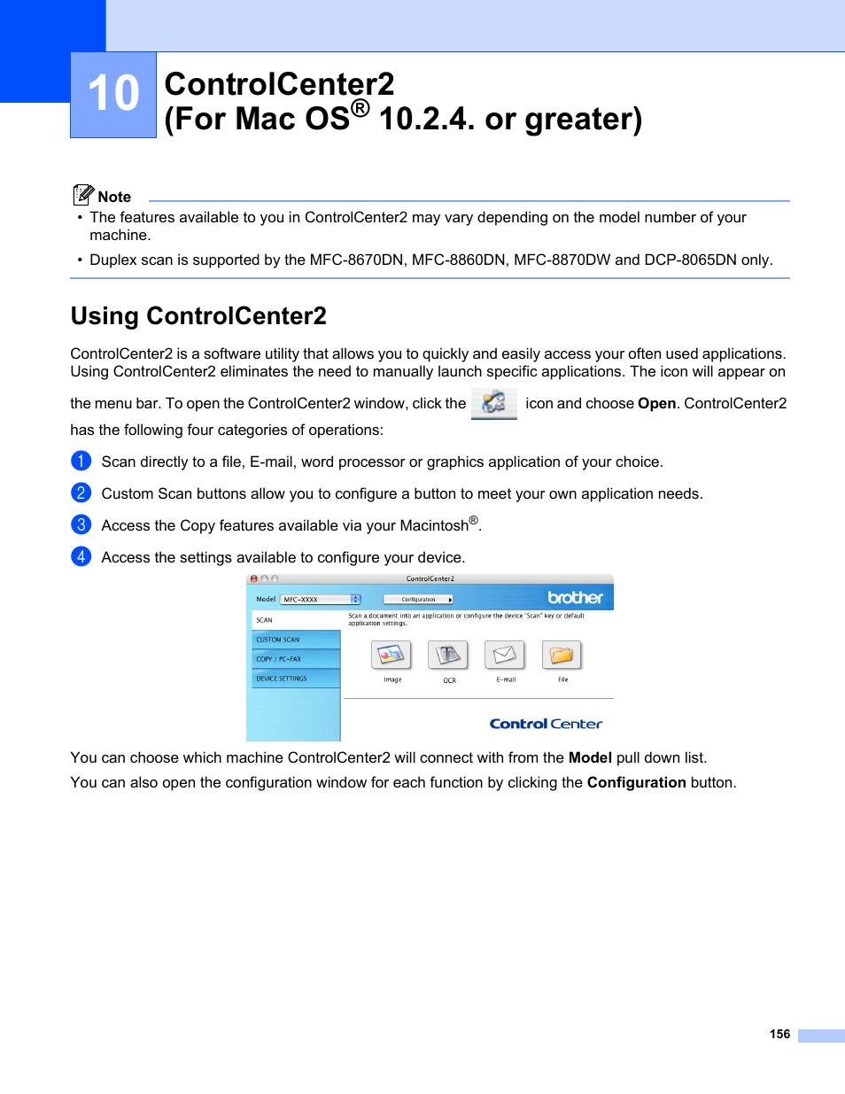 10 controlcenter2 (for mac os® 10.2.4. or greater), Using controlcenter2, Controlcenter2 (for mac os | Or greater) | Brother MFC-8460N User Manual | Page 162 / 194