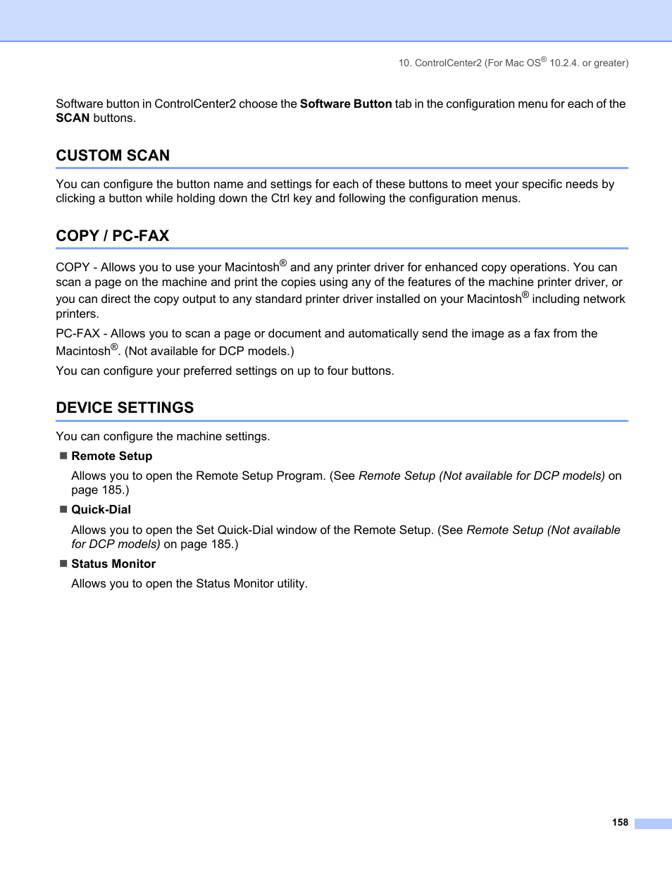 Custom scan, Copy / pc-fax, Device settings | Custom scan copy / pc-fax device settings | Brother MFC-8460N User Manual | Page 164 / 194