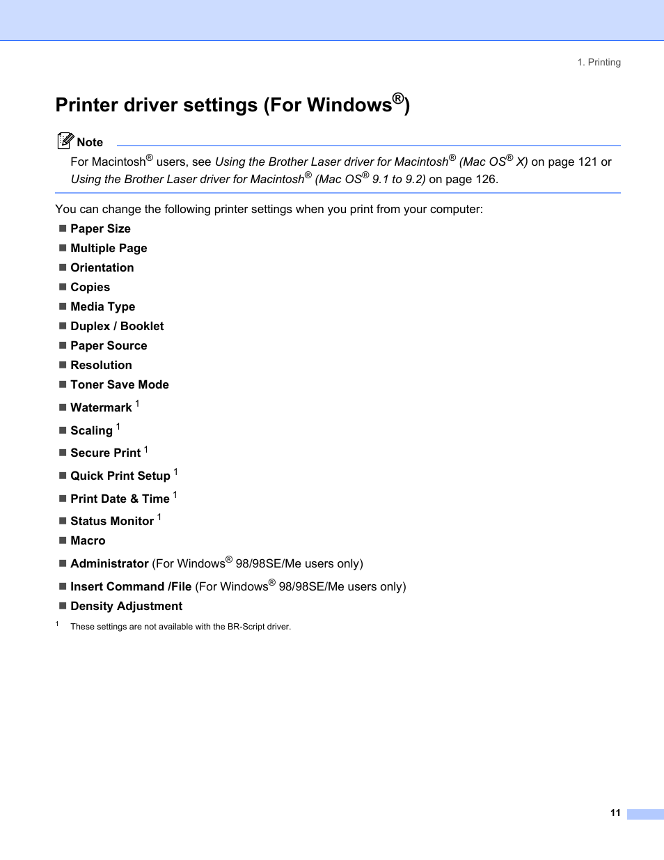 Printer driver settings (for windows®), Printer driver settings (for windows | Brother MFC-8460N User Manual | Page 17 / 194