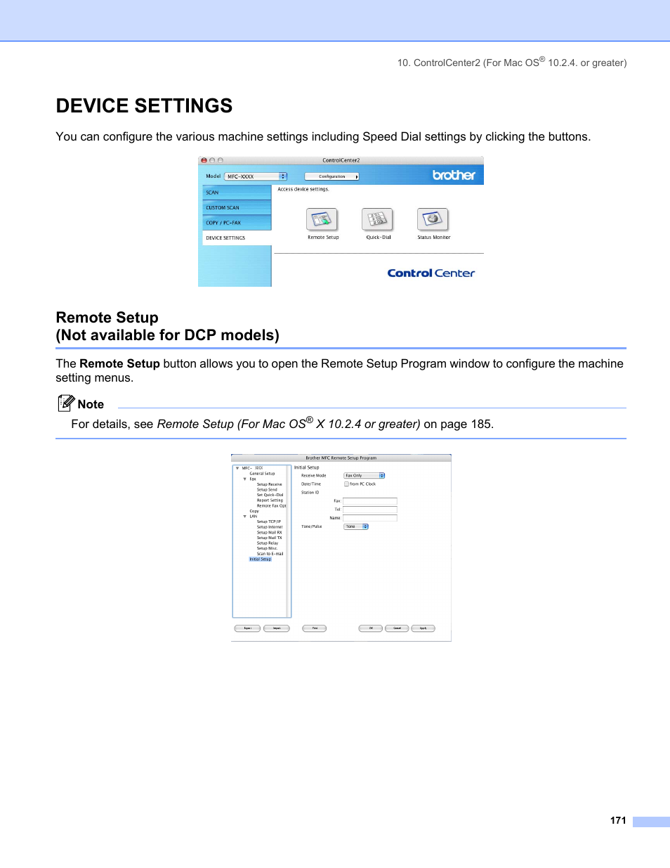 Device settings, Remote setup (not available for dcp models) | Brother MFC-8460N User Manual | Page 177 / 194