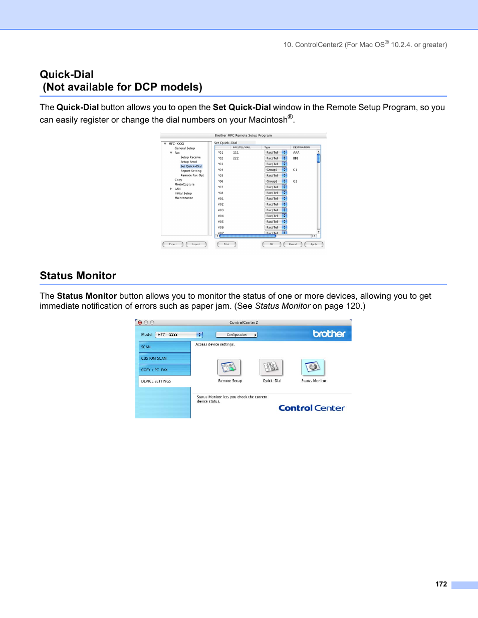 Quick-dial (not available for dcp models), Status monitor | Brother MFC-8460N User Manual | Page 178 / 194