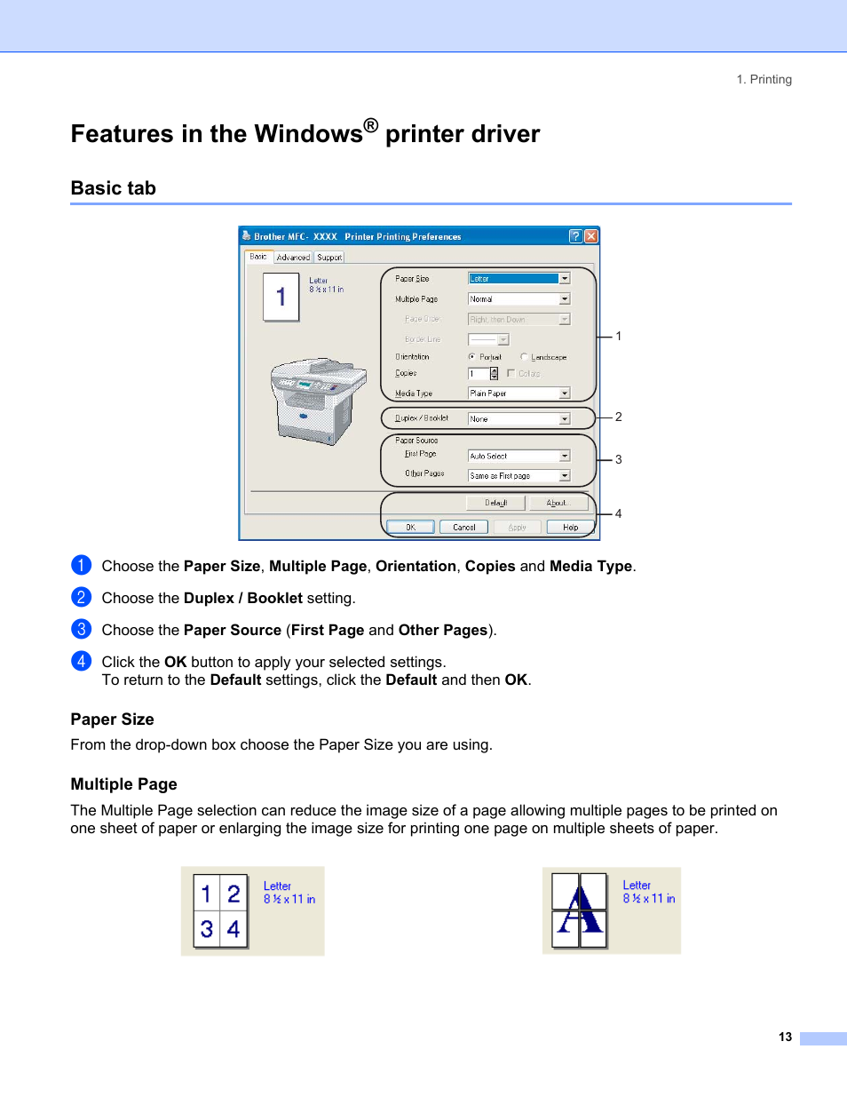 Features in the windows® printer driver, Basic tab, Paper size | Features in the windows, Printer driver | Brother MFC-8460N User Manual | Page 19 / 194