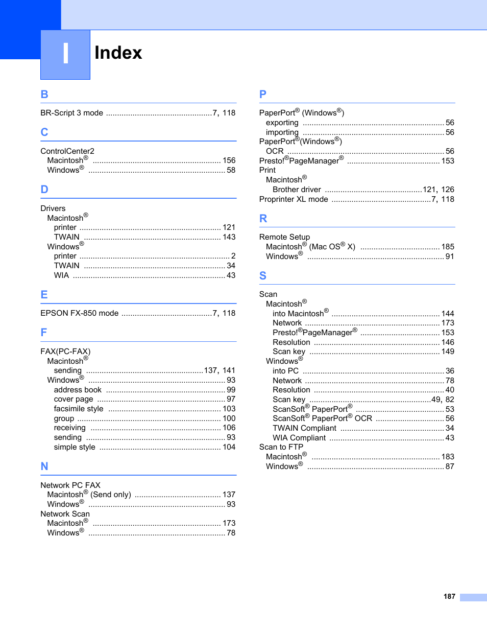 Index | Brother MFC-8460N User Manual | Page 193 / 194