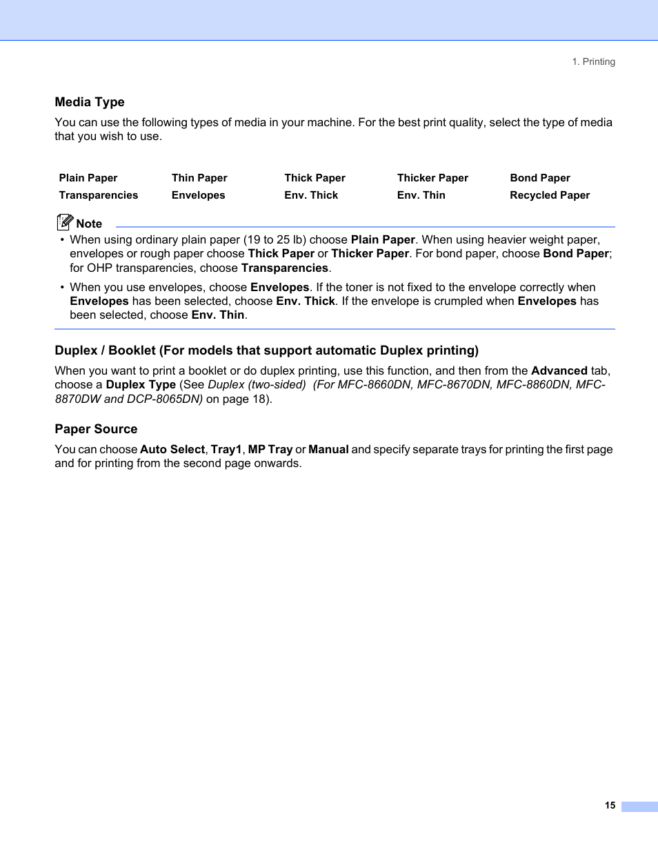 Media type, Paper source | Brother MFC-8460N User Manual | Page 21 / 194