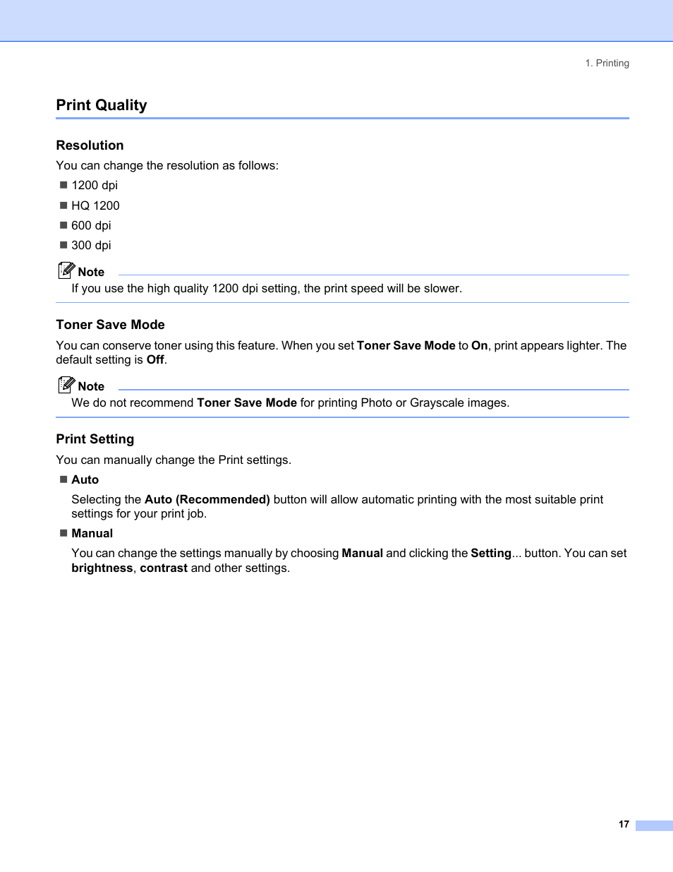Print quality, Resolution, Toner save mode | Print setting | Brother MFC-8460N User Manual | Page 23 / 194