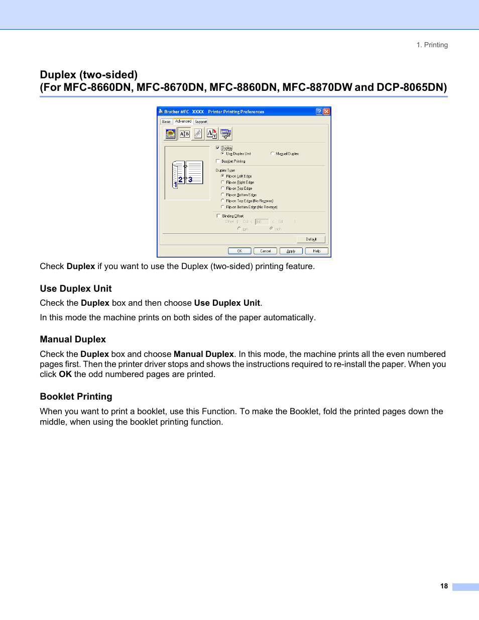 Use duplex unit, Manual duplex, Booklet printing | Duplex (two-sided) | Brother MFC-8460N User Manual | Page 24 / 194