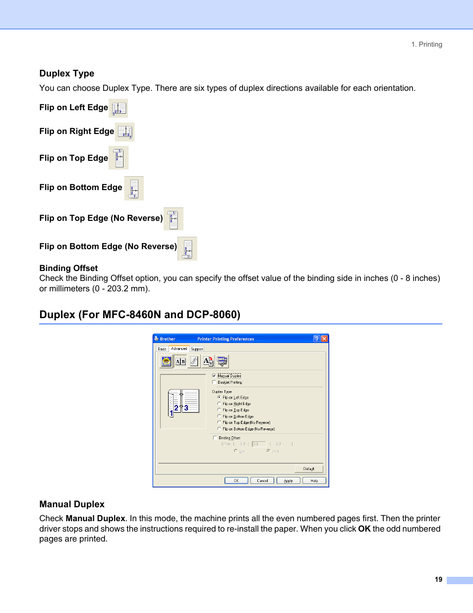 Duplex type, Duplex (for mfc-8460n and dcp-8060), Manual duplex | Brother MFC-8460N User Manual | Page 25 / 194