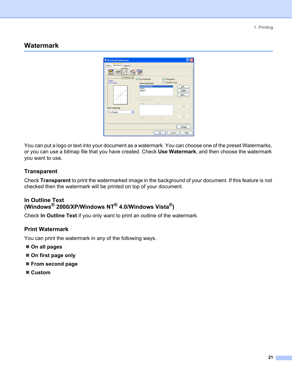 Watermark, Transparent, Print watermark | 2000/xp/windows nt, 0/windows vista | Brother MFC-8460N User Manual | Page 27 / 194