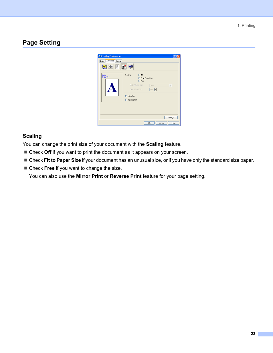 Scaling, Page setting | Brother MFC-8460N User Manual | Page 29 / 194