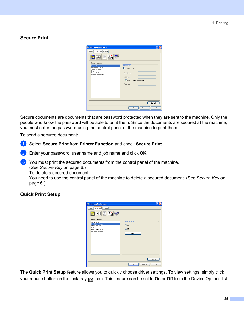 Secure print, Quick print setup | Brother MFC-8460N User Manual | Page 31 / 194