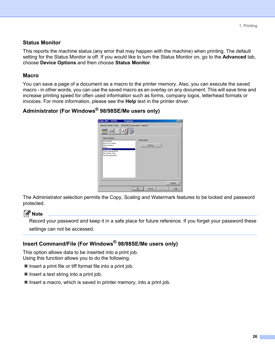 Status monitor, Macro, Administrator (for windows® 98/98se/me users only) | Administrator (for windows, 98/98se/me users only), Insert command/file (for windows | Brother MFC-8460N User Manual | Page 32 / 194