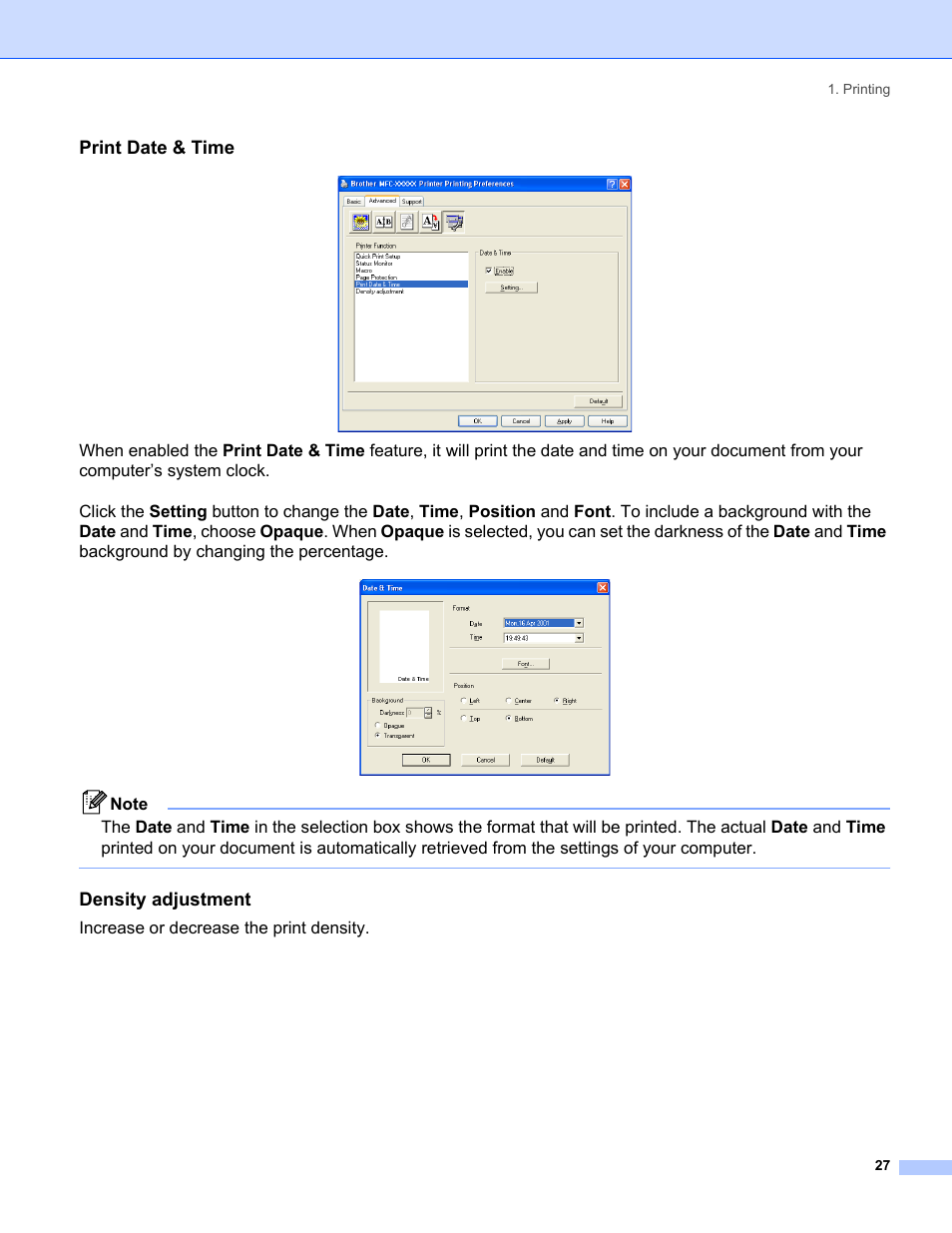 Print date & time, Density adjustment, Increase or decrease the print density | Brother MFC-8460N User Manual | Page 33 / 194