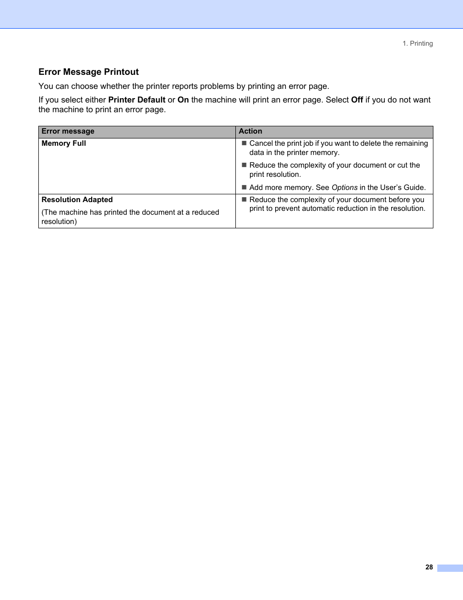 Error message printout | Brother MFC-8460N User Manual | Page 34 / 194