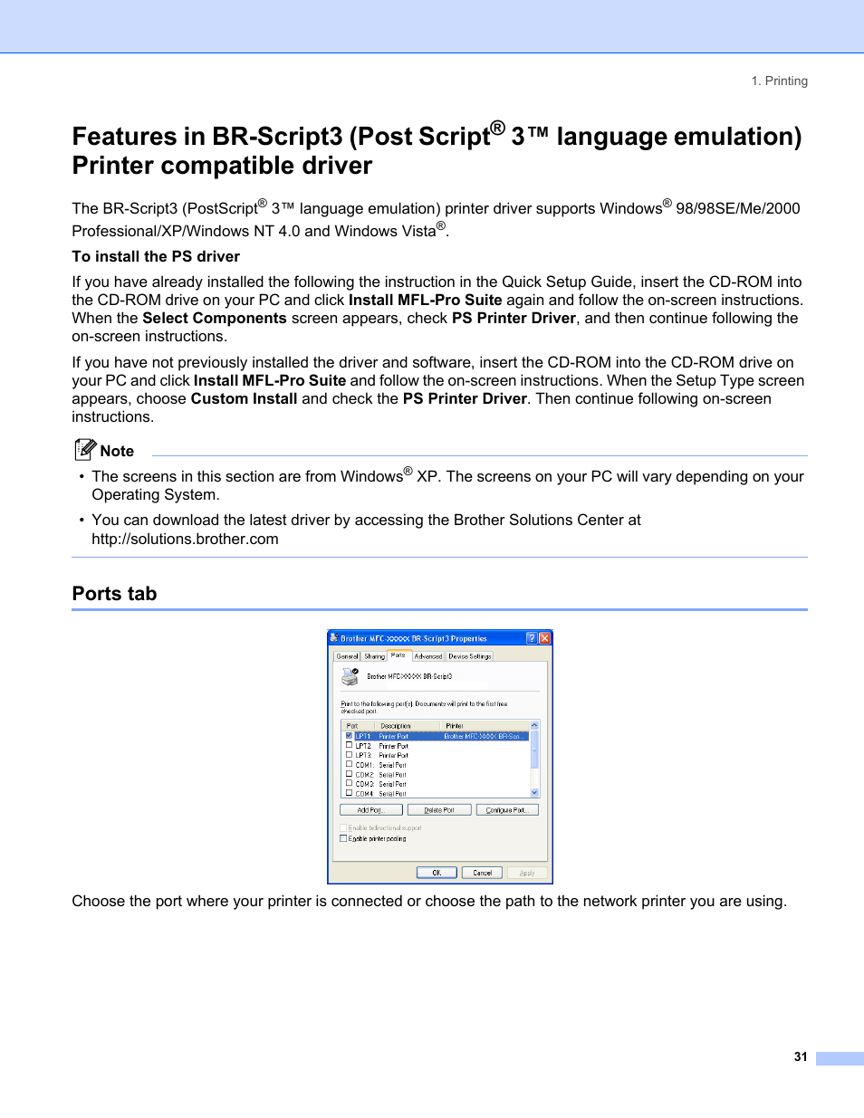 Ports tab, Features in br-script3 (post script, 3™ language emulation) printer compatible driver | Brother MFC-8460N User Manual | Page 37 / 194